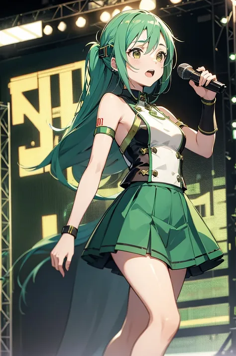 Vocaloid, k pop star, adorable beautiful woman, long vocaloid ears, pleated skirt, pop star dancing, on stage, green hair, 