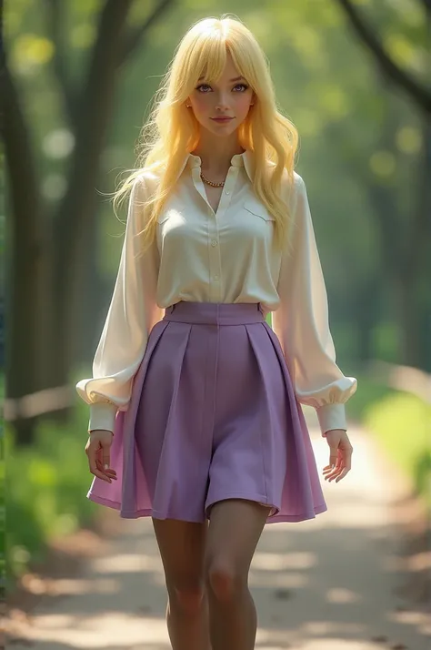 a young woman with long pastel yellow hair covering one eye, purple eyes, white button-up shirt, purple skirt, oversized brown stockings, black sneakers, large breasts, thick thighs, walking in a park background, shy smile expression, (best quality,4k,8k,h...