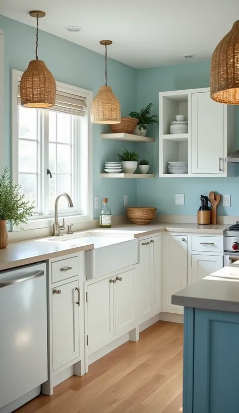 A Breezy Kitchen with Sky Blue Walls and Rattan Pendants

Details:

Setting and Atmosphere:

The kitchen feels light and airy, with a breezy, coastal vibe. The sky blue walls create a soft, serene backdrop, while the white cabinets and light wood floors ma...