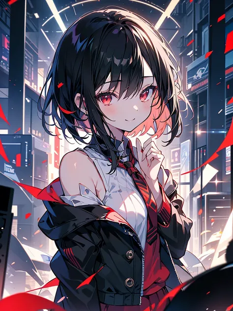 masterpiece, highest quality, highest quality, (no text), Beautiful and aesthetic:1.2),no text,anime、break,anime、break、 one girl、 Dark Haired Girl Short Hair 　 Slit Eyes Boyish 　adult　 beautiful eyes　red eyes, cool smile　Shoulder　skirt　 Black jacket, whole...