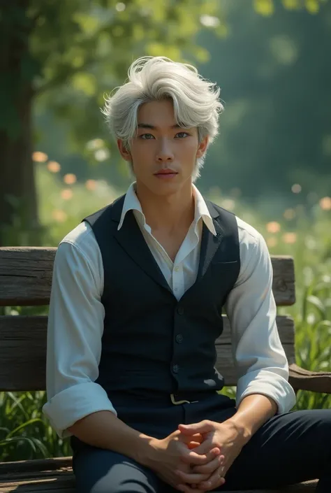 A white hair hot boy with Blue shining eyes sitting in a bench
