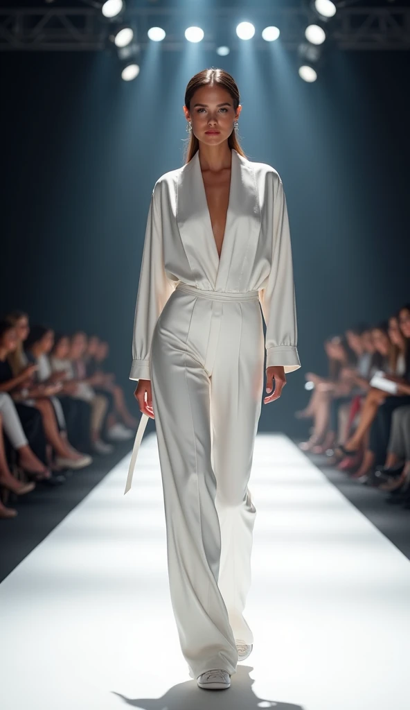  The female model walks confidently along mod ramp  ,  In an elegant, white ,  beautiful ,   fashionable , stylish,  designer ,  modern clothes ,  emphasizing her curves ,   and made of luxurious  ,   shiny white fabric  .  The runway is illuminated by the...