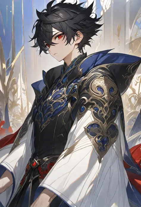 Solo, ((1 young boy)), black hair, short hair, red eyes, (((high quality))), masterpiece, detailed face, fantasy design, fantasy beautiful clothes, Crossed Bangs, (boy), male