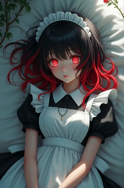 18 year old petite girl red black hair red eyes inside eyes like clockwork big boobs sleeping in maid dress