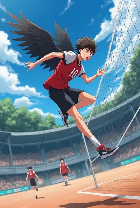 A very fair-skinned boy with brown hair and brown eyes and large eyelashes  , 162 tall in Haikyuu hitting the ball over the net and the heads of Nekomas opponents, jersey number 10 Karasuno and places half transparent wings on their backs like a raven (est...