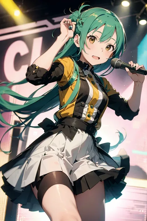 Vocaloid, k pop star, adorable beautiful woman, long vocaloid ears, pleated skirt, pop star dancing, on stage, green hair, 