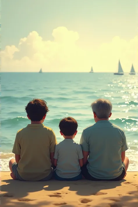 Two brothers with their father sitting at the shore of sea . Only their back should be show in a pic