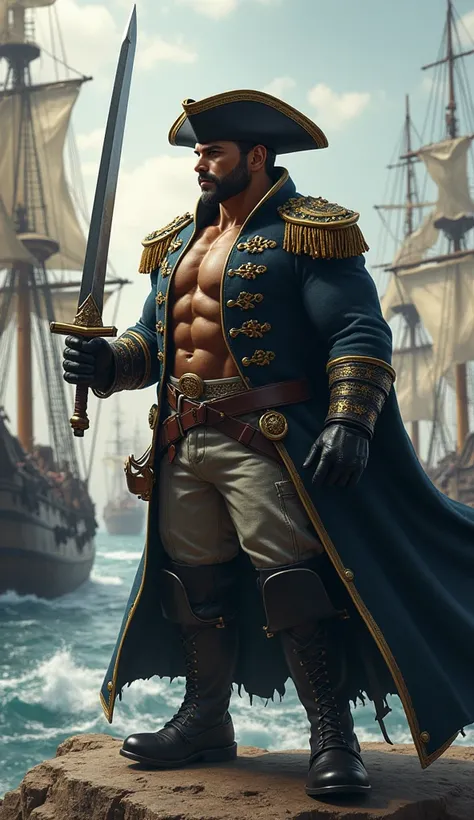  The Vasco Almirante mascot, imposing and muscular, leads an epic battle at the port, with the sound of crashing waves in the background. He wears a naval officer outfit, with a black and white coat, cape, and a musketeer-style hat. His commanding posture ...