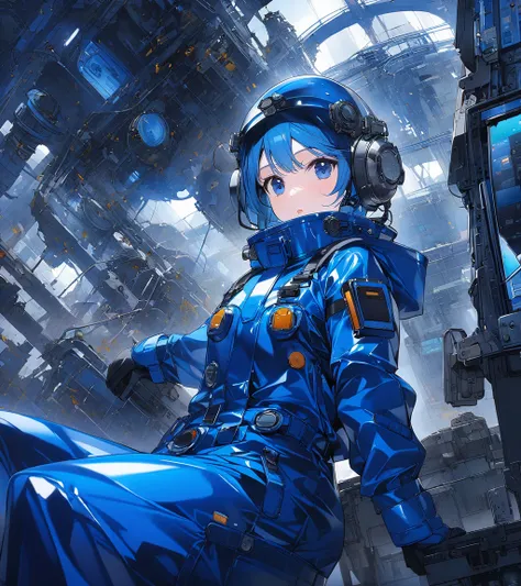 Girl wearing gloves in a blue enamel shiny boiler suit,The background is complex and precise machinery and equipment、 control panel 