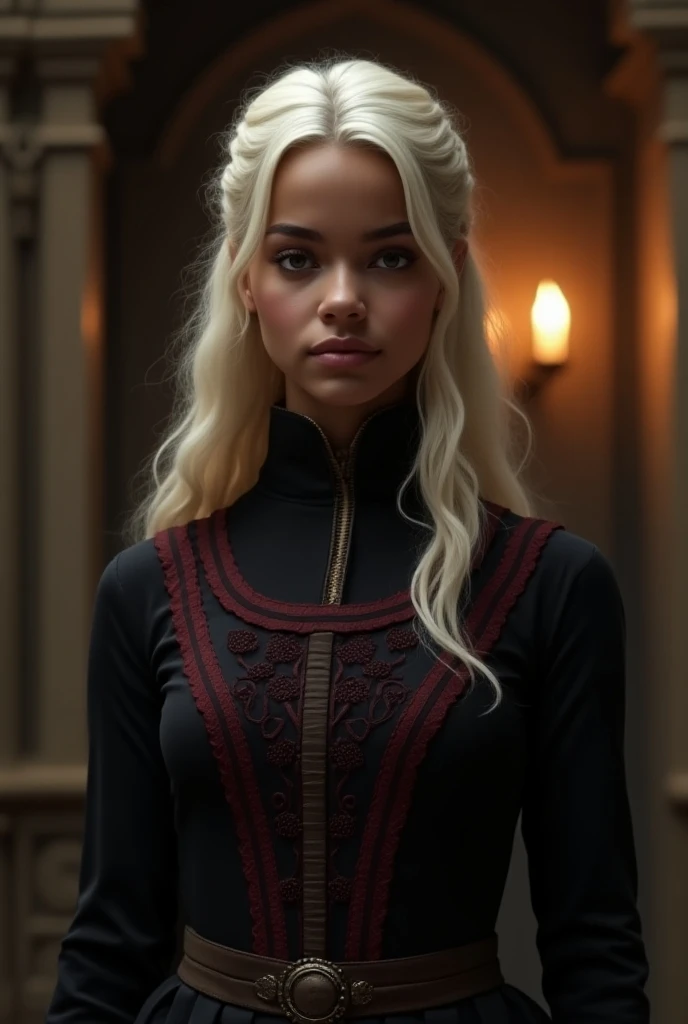 20 yo African-american female,pale blonde valyrian-style hair, black and red turtleneck medieval dress