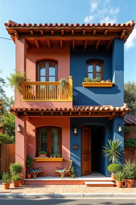  Two-story house with balconies navy blue side wall, yellow wooden parapets ,  pink porch and terracotta ceramic facade cladding  