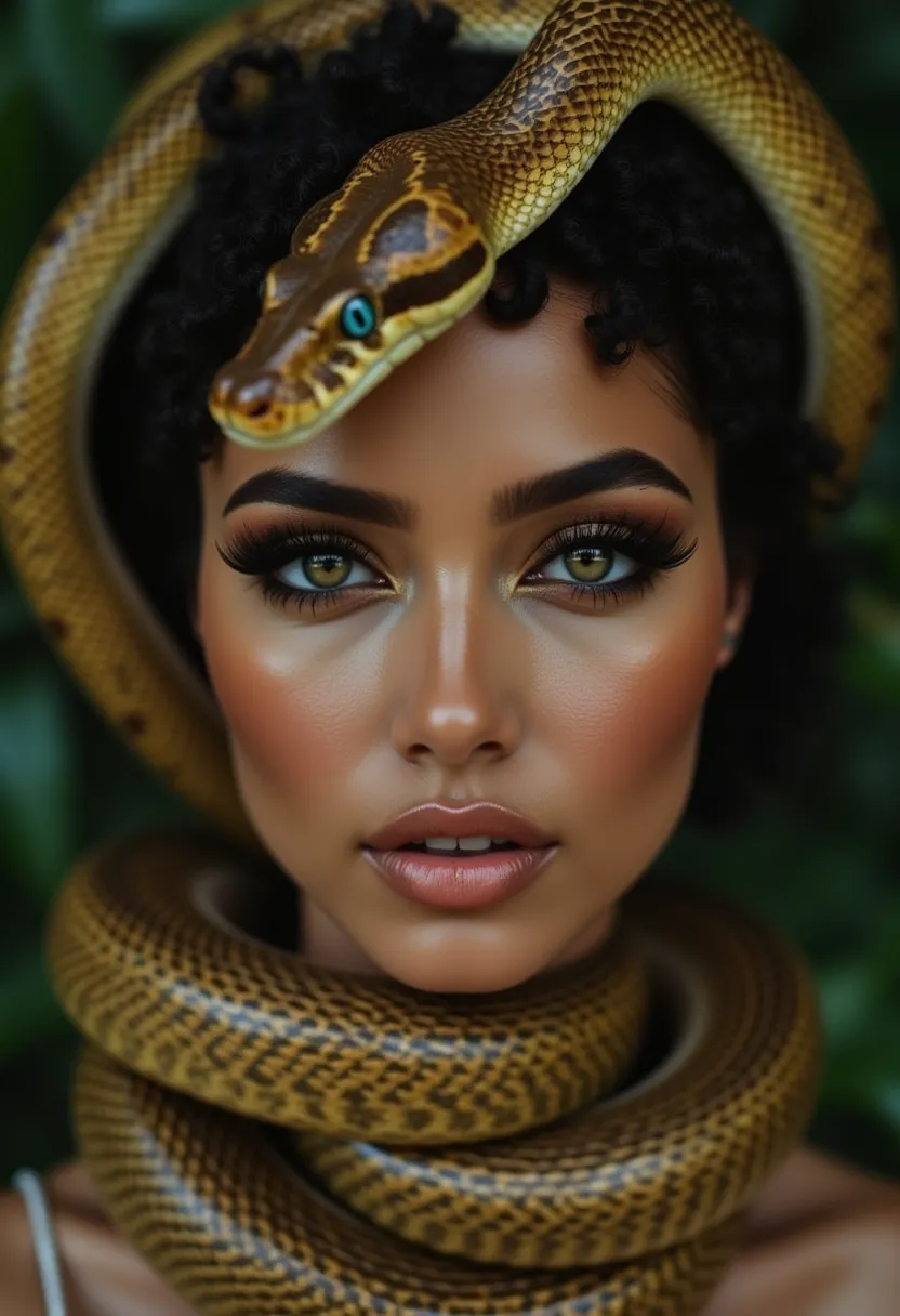 this is a high-resolution, hyper-realistic photograph featuring a close-up of a woman's face and a snake wrapped around her head...