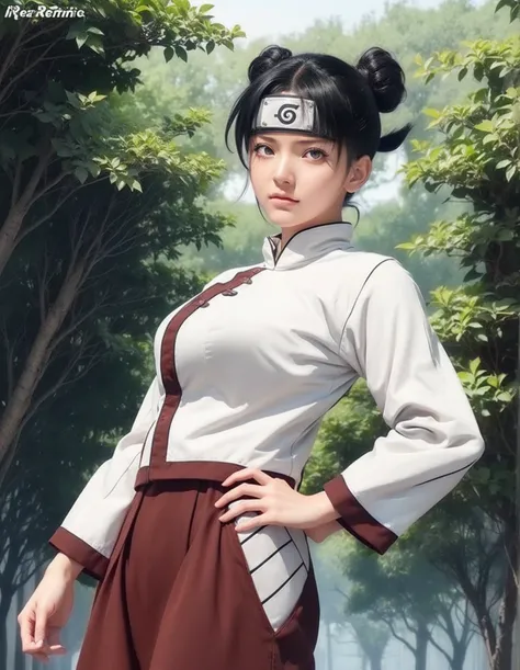 real Life adaption of this character,her name is Tentem from anime naruto ,hyper realistic ,very realistic detailed black hair, high resolution, photorealistic,very detailed,very realistic outfit, Japanese face,detailed shining eyes, calm expression,realis...