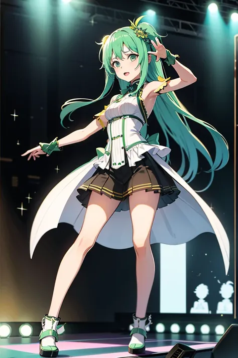 Vocaloid, k pop star, adorable beautiful woman, long vocaloid ears, pleated skirt, pop star dancing, on stage, green hair, 