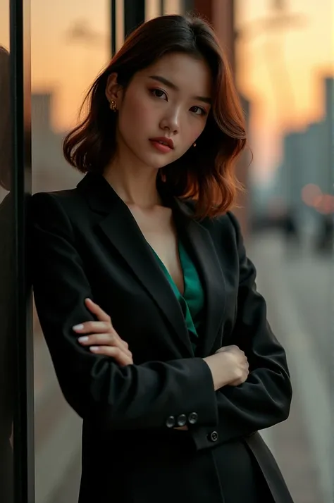 Luxury product style, a gorgeous Japanese woman, dressed in a strict black trouser suit, dark green silk shirt showing her breasts, unbuttoned fitted jacket, stands with her arms crossed over her chest, leaning her back against the wall. All around is the ...