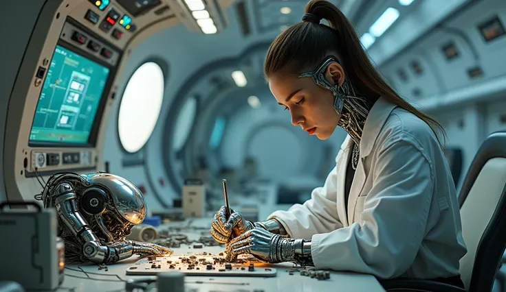 masterpiece,  best quality, Russian cyborg girl sits at a table and assembles a robot from electronic parts, Soldering iron, lamp, Screws, screws. Inside the spaceship  