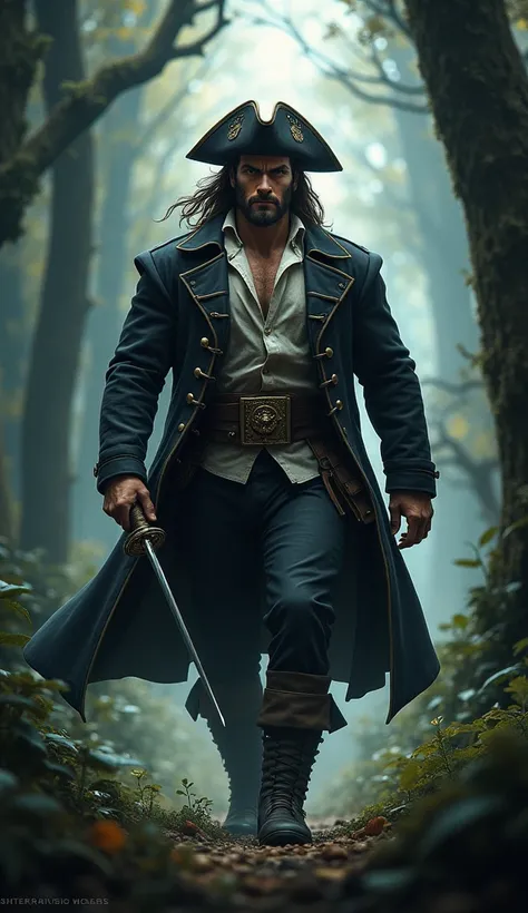 The Vasco Almirante mascot, with his muscular and impressive physique, walks through a dense forest, his posture imposing and full of confidence. He wears a naval officer uniform, with a black and white coat and a musketeer-style hat. His hair is now a lit...