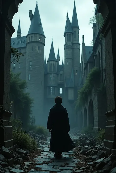 ((Best quality)), Harry Potter with the sorceress and the school of magic is abandoned and magic is ruining the place