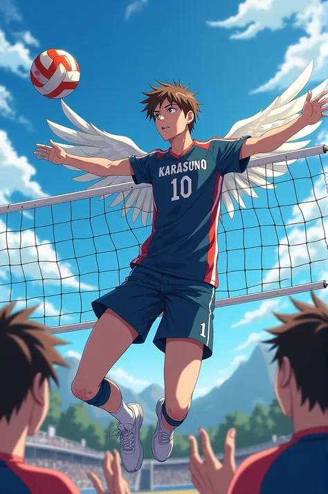 A very fair-skinned boy with brown hair and brown eyes and large eyelashes  , 162 tall in haikyuu hitting the ball over the net and the heads of their opponents, jersey number 10 Karasuno and places half transparent wings on their backs like a raven 