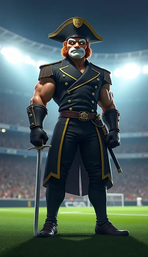 The Vasco Almirante mascot, a muscular and imposing figure, stands out on the football field with his warrior-like posture. He wears a uniform inspired by naval officer attire, featuring a black coat with white details and a musketeer-style hat. His muscul...