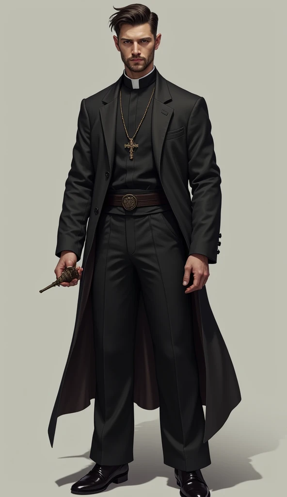  A tall, muscular young man with short, dark hair, Without Beard. He wears a dark suit with wide pants ,  with a high collar and a priests necklace . His eyes are deep,  his serene and wise expression .   In his left hand he holds a reliquary with a cross ...