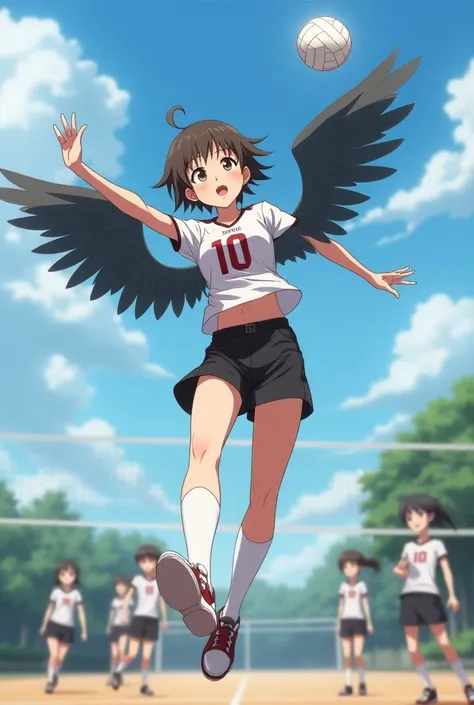 A boy with very fair skin almost white brown hair and brown eyes and large eyelashes  , 162 tall in haikyuu hitting the ball over the net and the heads of their opponents, jersey number 10 team Karasuno and place half-transparent wings on their backs in bl...