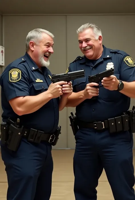 Two fat policemen during shooting training. Drawn weapon . Both laugh. Both gray hairs 