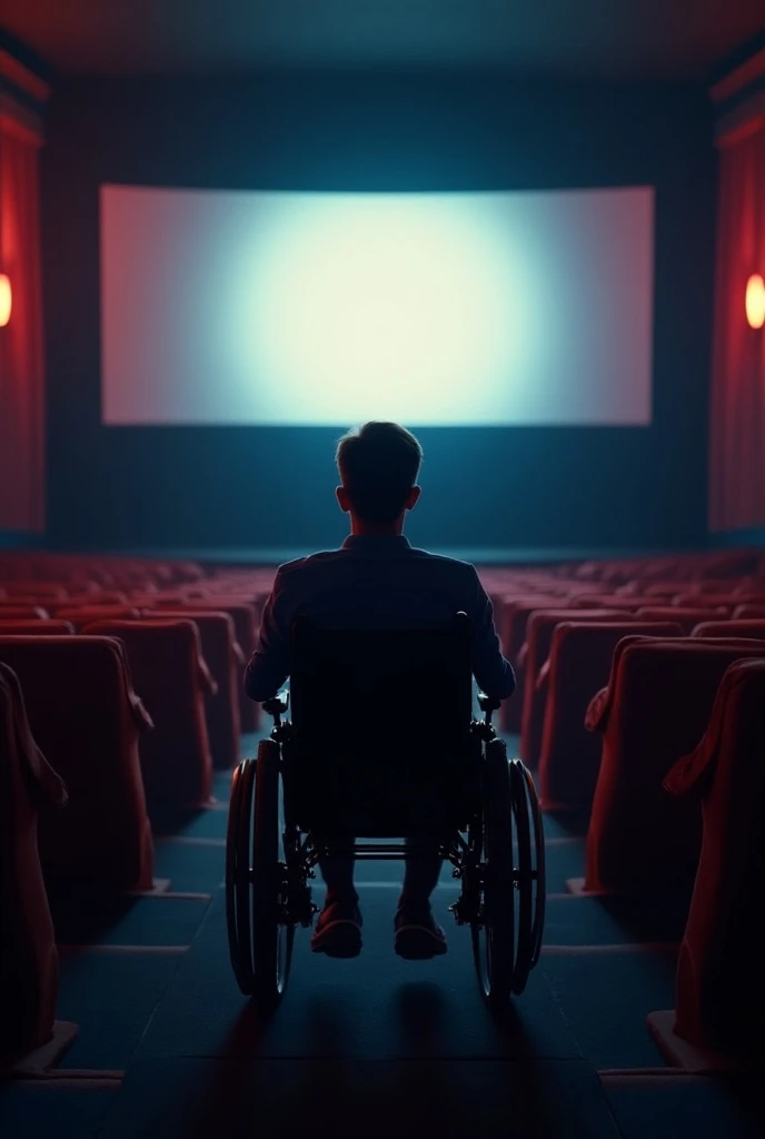  a person in a wheelchair at the movies, Make it realistic and in a vertical format 