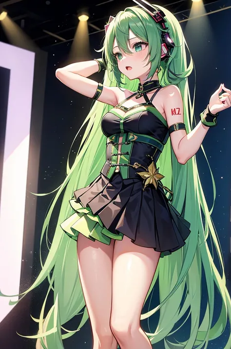 Vocaloid, k pop star, adorable beautiful woman, long vocaloid ears, pleated skirt, pop star dancing, on stage, green hair, 