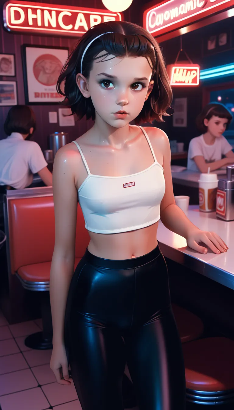 a young millie bobby brown, revealing skimpy cotton pale crop-top and tight shiny black leggings, working in a diner in the 1980...