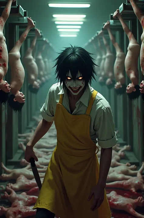 An image of an emo ,  with hair like Sasuke Uchiha  , with red eyes,  vampire fangs ,  Laughing out loud ,  with blood splashes on his face , with a yellow apron  ,  a butcher knife in his hand surrounded by people mutilated and crucified upside down in a ...