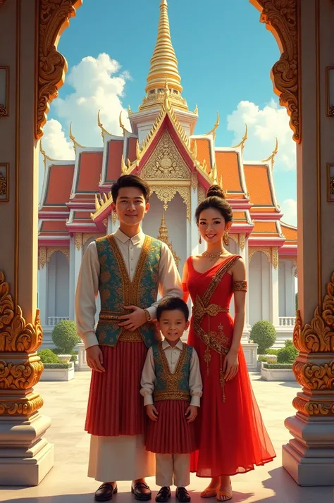 a painting of a family in traditional clothing standing together, temple background, tithi luadthong, husband wife and son, thailand art, happy family, traditional art, movie promotional image, barong family, official fanart, sukhothai costume, patiphan so...