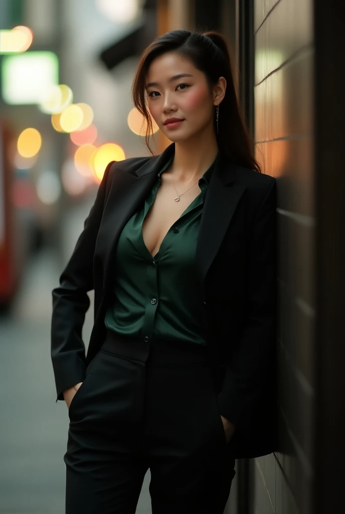 Luxurious style of the piece, a gorgeous Japanese woman with long hair in a high ponytail, dressed in a strict black pantsuit, dark green silk shirt showing her breasts, unbuttoned fitted jacket, standing with her arms crossed on her chest, leaning back ag...