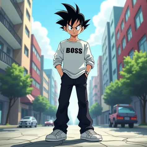 Create a skinny 19-year-old boy with short black hair and black eyes and a white shirt with a long sleeve and on the chest of the shirt written BOSS in black and black pants and white sneakers and he has a serious face in the city of day
Dragon Ball GT sty...