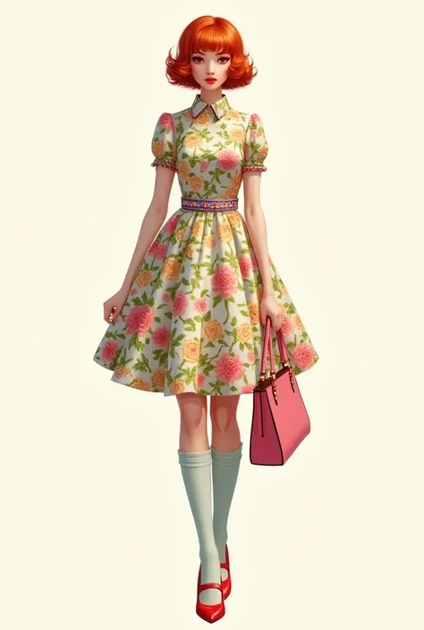   A woman in a flowery dress , high throat,  Knee-high,  a red sandal and a pink bag, with short red hair .