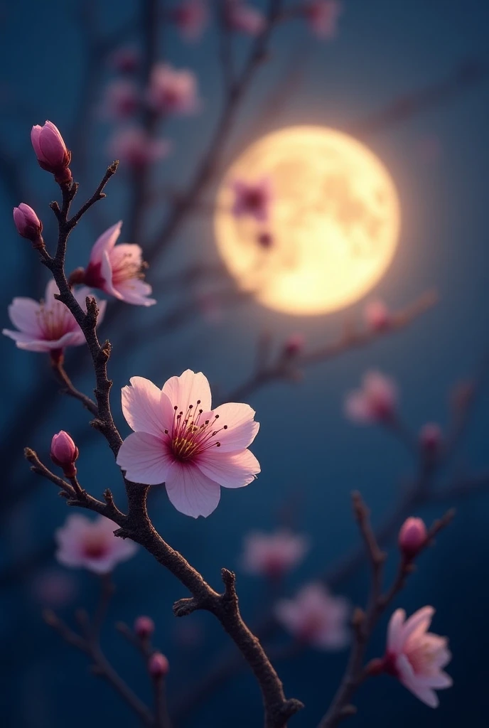 Night time, cherry blossoms branches, yellow round moon, moon lights on cherry blossoms flowers & branches, slightly showing moon