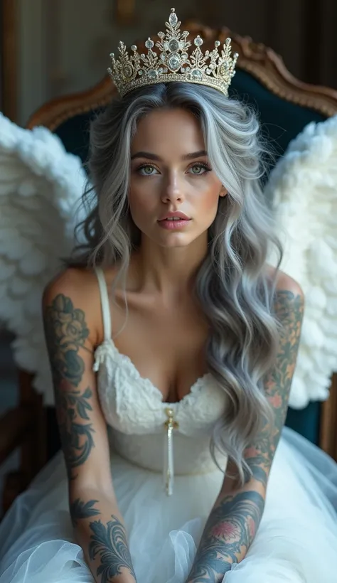 young girl 20 years old,4k,ultra detailed,high quality,tattoo,smoke,expressive beautiful and cute,serious,sitting on the throne,wearing angel cloth puffy,shiny skin,gray and white mixed wavy hair ,reflections,make-up,perfect lipstick,eyelinear,crown,angel,...