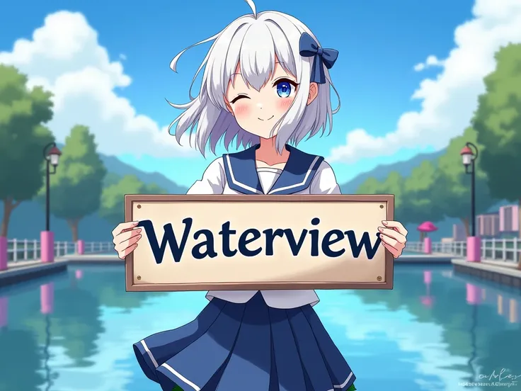 Iochi Mari - Blue Archive  white hair ถือป้าย "Waterview"
