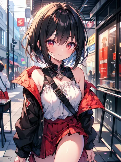 masterpiece, highest quality, highest quality, (no text), Beautiful and aesthetic:1.2),no text,anime、break,anime、break、 one girl、 Dark Haired Girl Short Hair 　 Slit Eyes Boyish 　adult　 beautiful eyes　red eyes, cool smile　Shoulder　skirt　 Black jacket, whole...