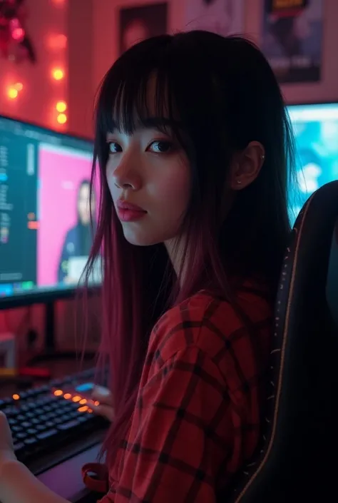  a 25-year-old woman,  long straight black hair with fringe and red highlights on the ends of the hair, mouth and ear piercing . egirl makeup, Do it in a nerds room, Playing on the computer doing live streaming 