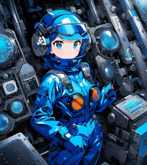 Girl wearing gloves in a blue enamel shiny boiler suit,The background is complex and precise machinery and equipment、 control panel 