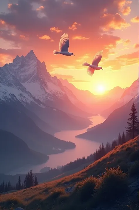 Mountain view, beautiful landscape with sunset, there are two lovelu bird flying in to the sky