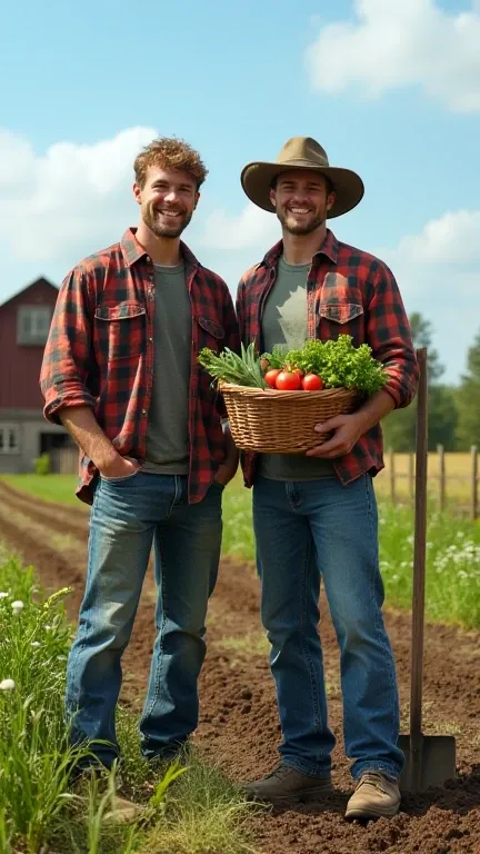 "Two athletes resembling famous soccer players working on a farm together, wearing casual farming outfits like plaid shirts and jeans. One is holding a basket of fresh vegetables, while the other stands beside a shovel. The scene is set in a sunny, rustic ...