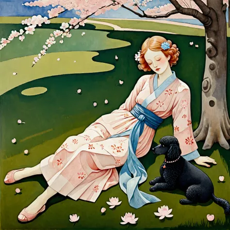 An illustration in the artistic manner of Paul Klee, Arthur Rackham.A European woman, dressed in ochre and blue summer clothes, lying peacefully under a blooming cherry tree in a beautiful Japanese garden, is sitting on a lawn with her black dwarf poodle a...