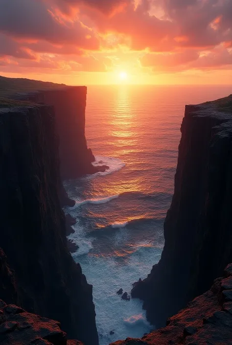 Make the tip of a chasm in front of the ocean and with a beautiful sunset