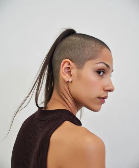 Seeing a woman from side, shaving her head using hair clippers, ((cut hair spilling to ground)). (((the top and side of her head is completely bald))). ((she is shaving her head bald, using hair clippers)). ((cut long strands of cut dark hair hang off her ...