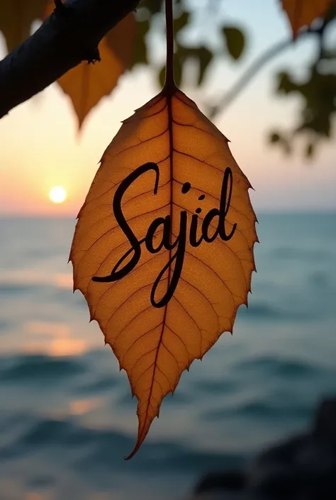 Sajids official name is written in elegant letters on a dry leaf of a tree at dusk by the sea