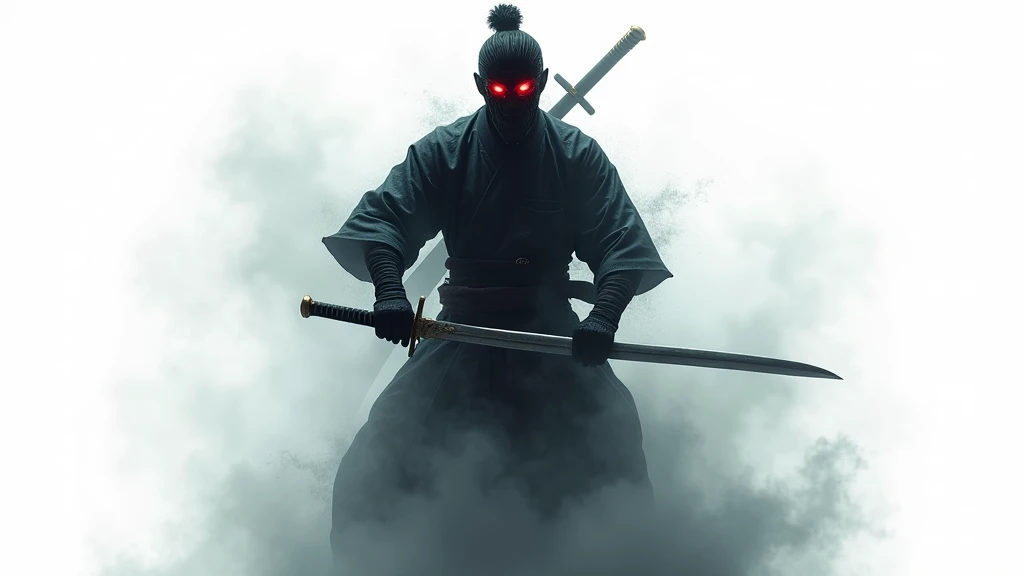 A dark samurai, in a powerful pose, as if floating or rising upwards. He is surrounded by mist or smoke, dissipating around him. He firmly holds a sword in his hands, his stance is imposing and full of intensity. His eyes are glowing red, staring directly ...