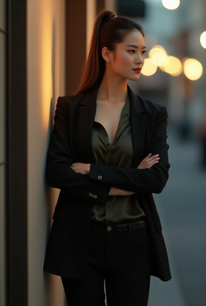 Luxurious style of the piece, a gorgeous Japanese woman with long hair in a high ponytail, dressed in a strict black pantsuit, dark green silk shirt showing her breasts, unbuttoned fitted jacket, standing with her arms crossed on her chest, leaning back ag...