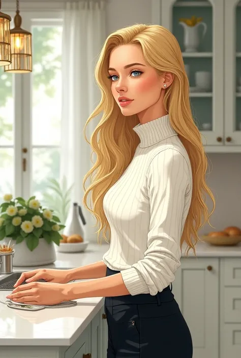 Une magnifique  femme blonde elle aurait lair douce avec de longs cheveux blonds jusquen bas, du dos, une petite poitrine magnifique et de petits yeux bleus de 30 ans visible qui porterait un pull à col, roulé blanc, magnifique et un pantalon noir. Elle se...